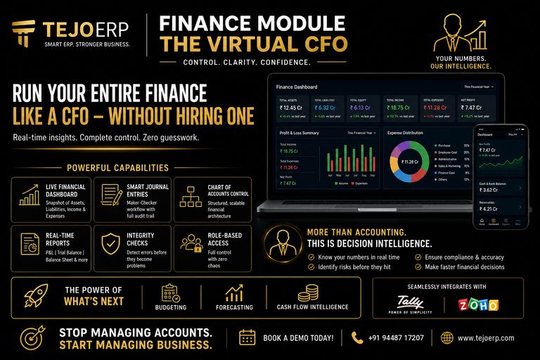 TejoERP Finance Module — The Virtual CFO: live financial dashboard, journal entries, chart of accounts, real-time reports, integrity checks and role-based access, integrated with Tally and Zoho