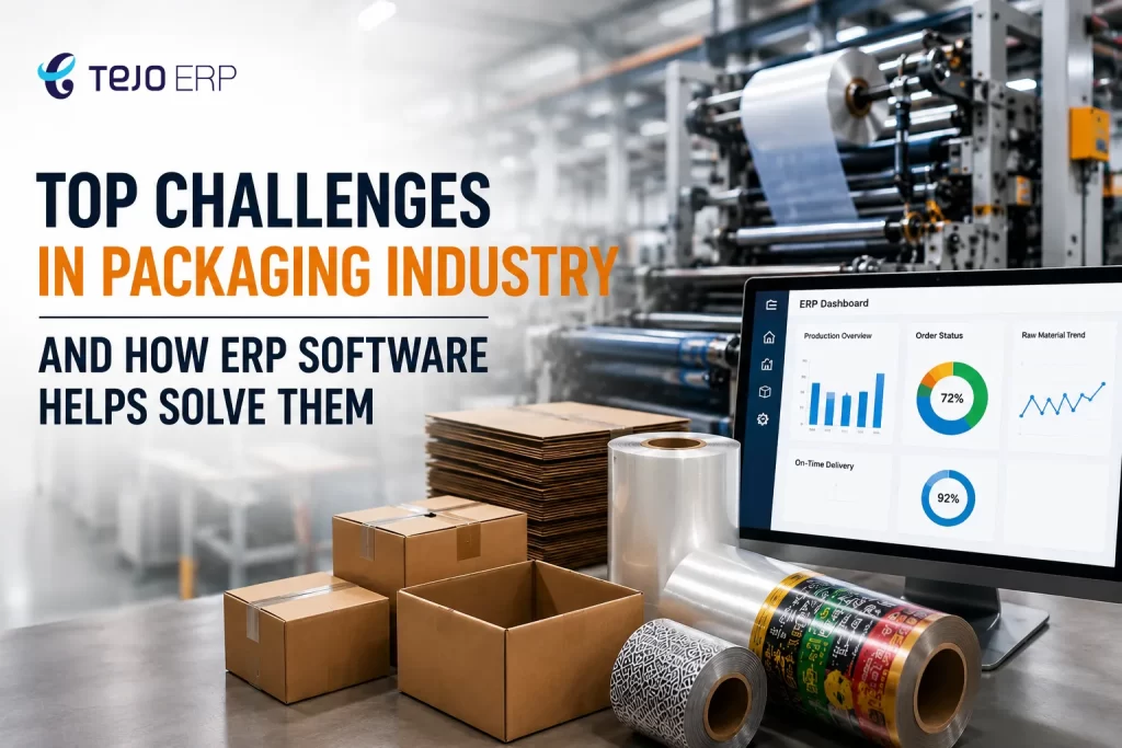 Tejo ERP blog feature image showing packaging industry machinery, cardboard boxes, packaging rolls, and an ERP dashboard with the title “Top Challenges in Packaging Industry and How ERP Software Helps Solve Them