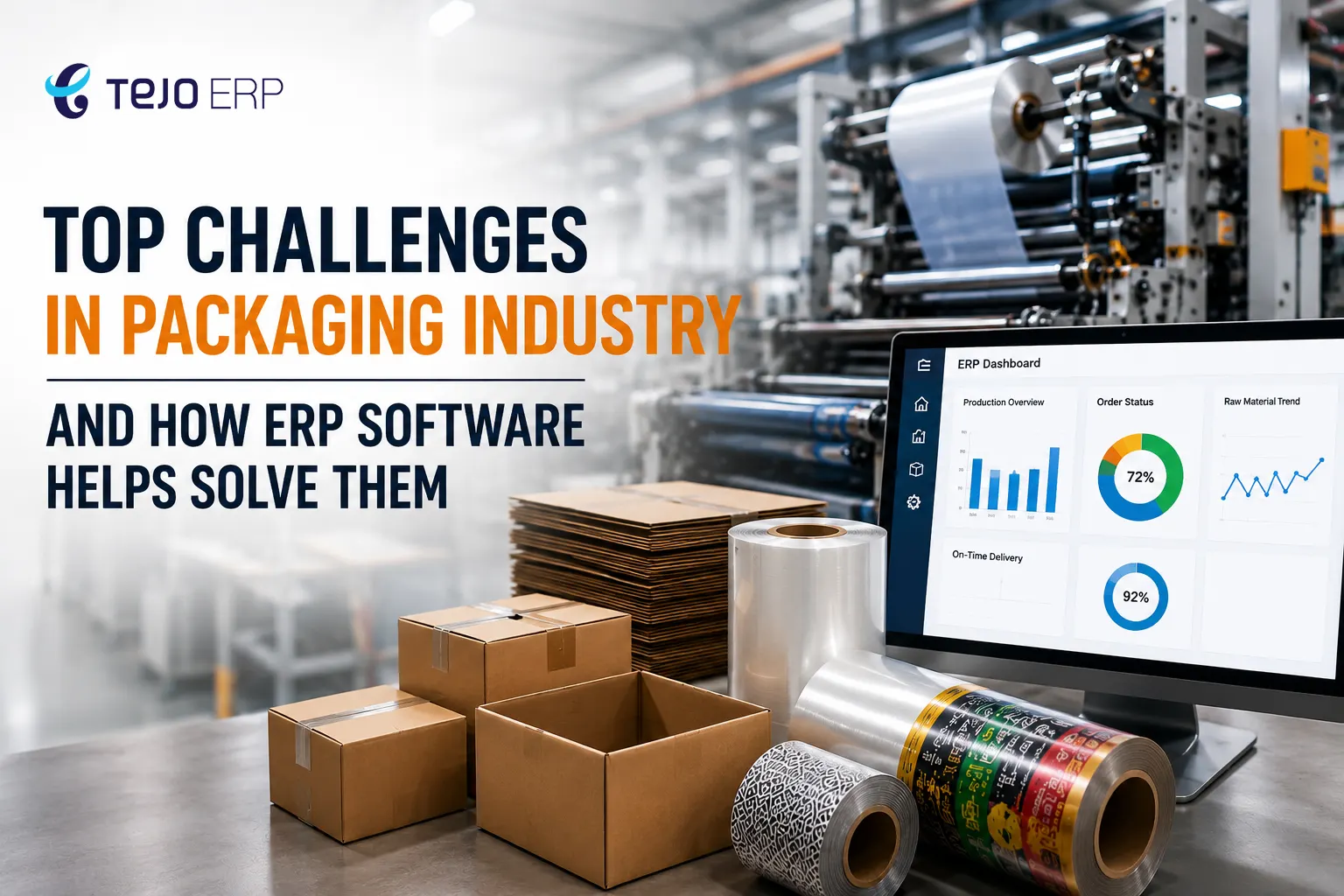 Tejo ERP blog feature image showing packaging industry machinery, cardboard boxes, packaging rolls, and an ERP dashboard with the title “Top Challenges in Packaging Industry and How ERP Software Helps Solve Them