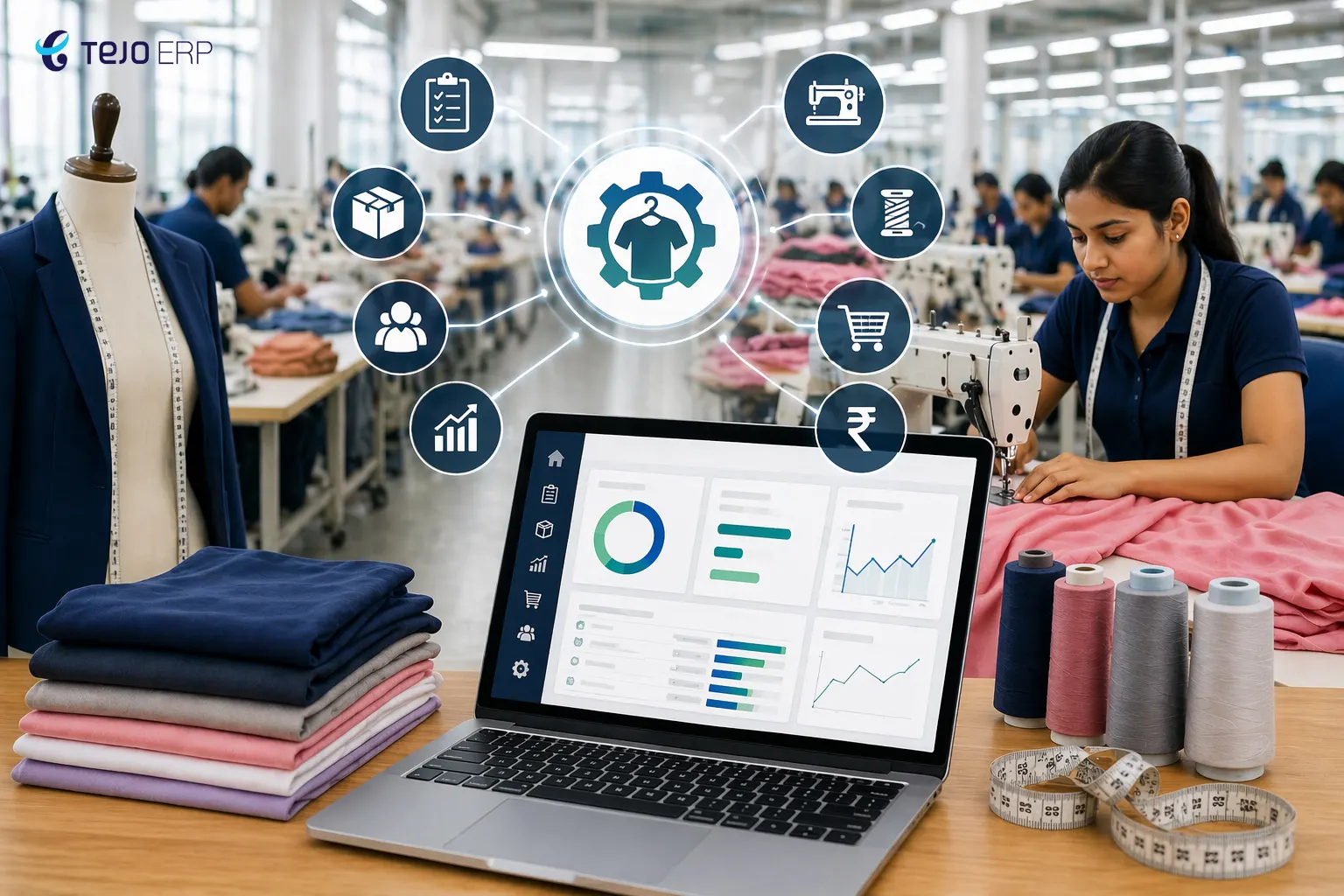 Garment manufacturing ERP software dashboard in a modern factory with sewing operations and inventory management